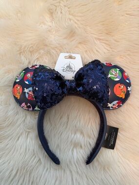 Disney Navy Sequin Bow Minnie Ears Headband with Character Print